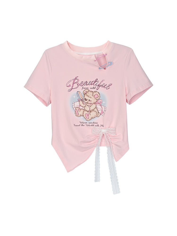 Sweet Girl Bear Print Cutout Crop Tops-ntbhshop