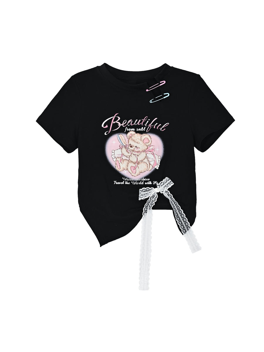 Sweet Girl Bear Print Cutout Crop Tops-ntbhshop