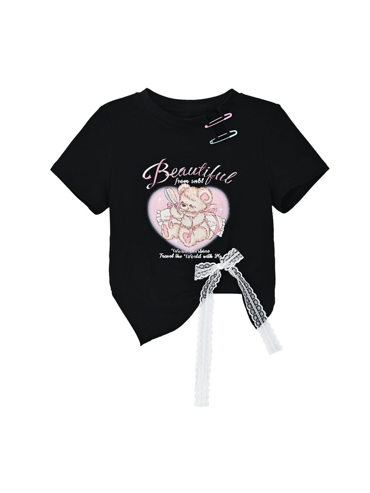 Sweet Girl Bear Print Cutout Crop Tops-ntbhshop