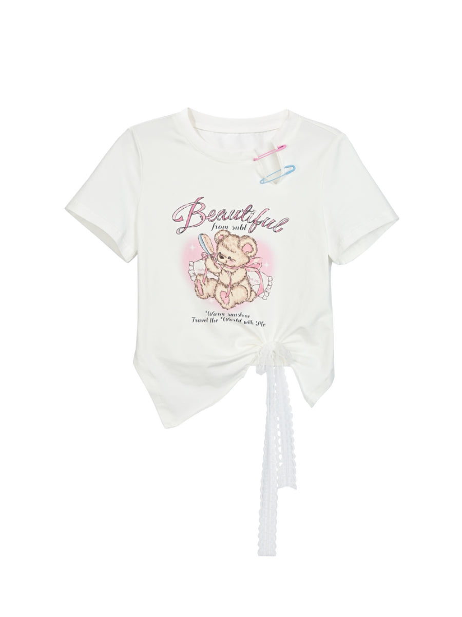 Sweet Girl Bear Print Cutout Crop Tops-ntbhshop