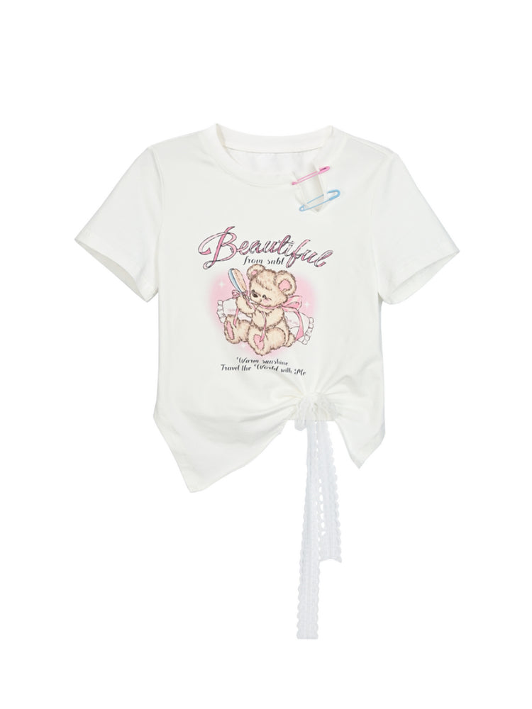 Sweet Girl Bear Print Cutout Crop Tops-ntbhshop