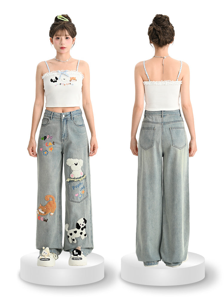 Puppy Cat Party Cute Patch Denim Wide-Leg Jeans-ntbhshop