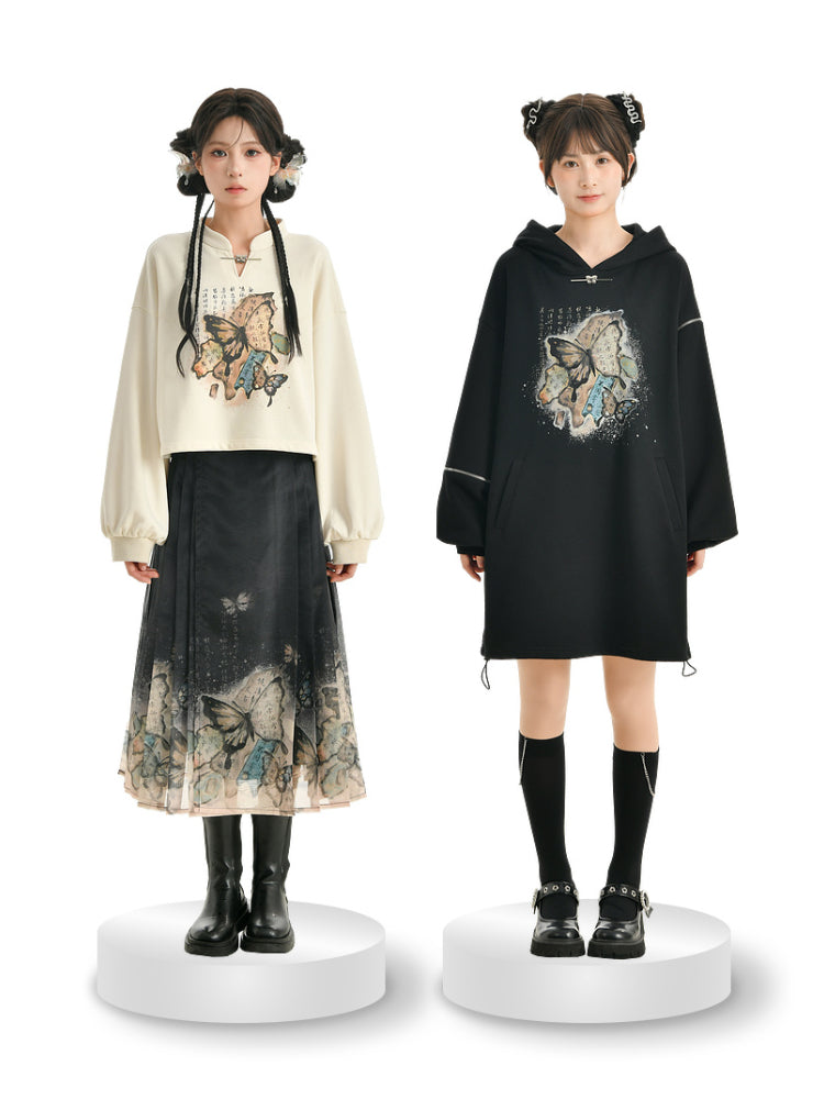 The Pile of Brocade Ash Chinese Butterfly Crop Sweatshirts-ntbhshop