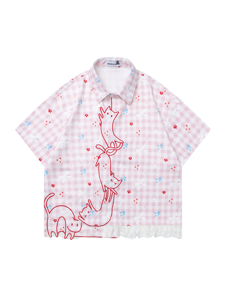 Kitty Twirly Plaid Shirts-Tops-ntbhshop