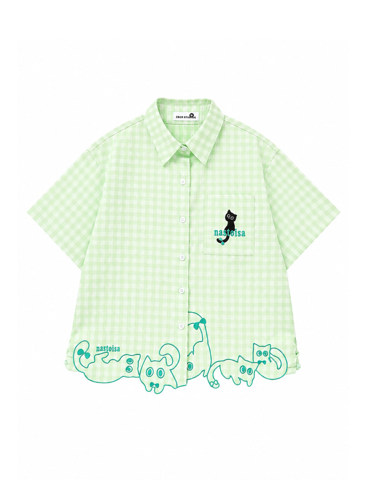 Whimsy Kitty Gingham Shirts-Tops-ntbhshop