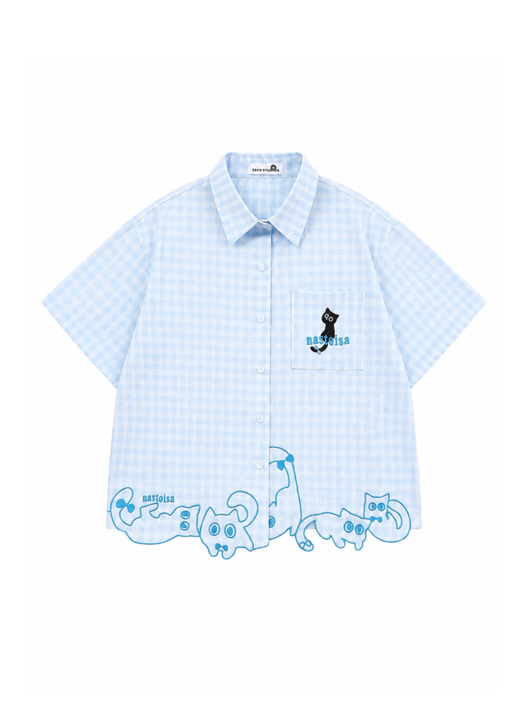 Whimsy Kitty Gingham Shirts-Tops-ntbhshop