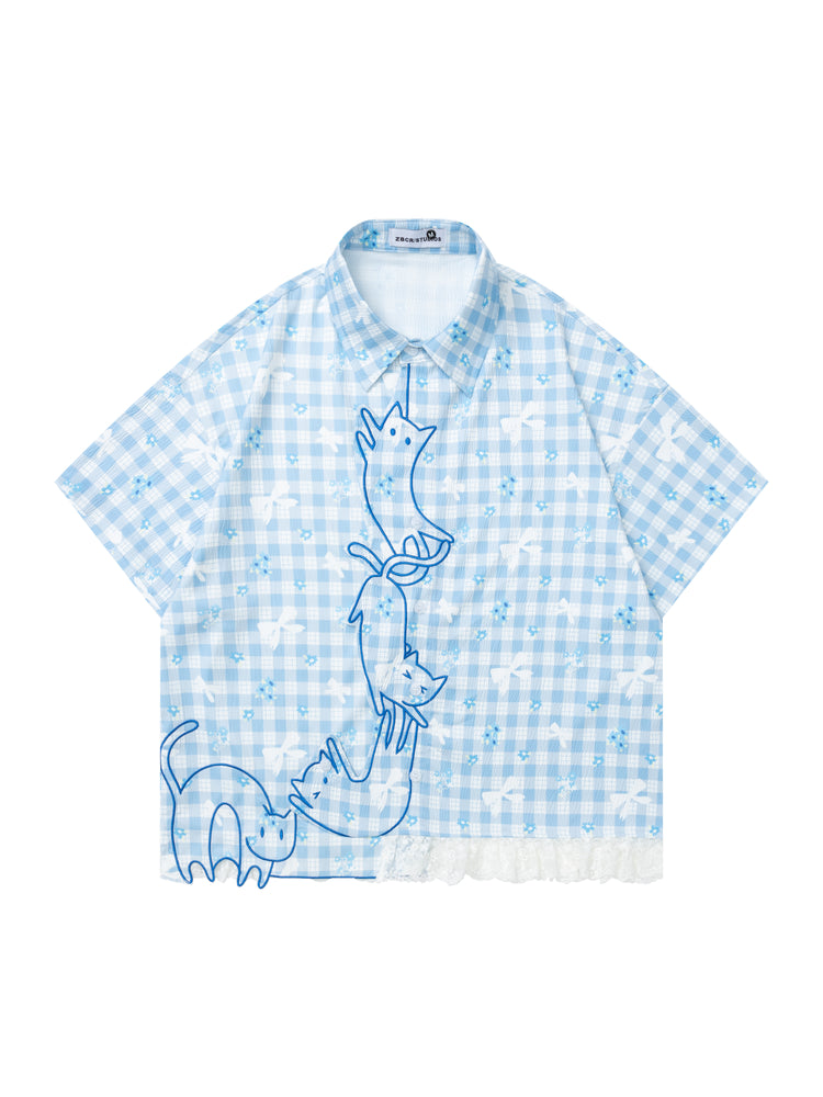Kitty Twirly Plaid Shirts-Tops-ntbhshop