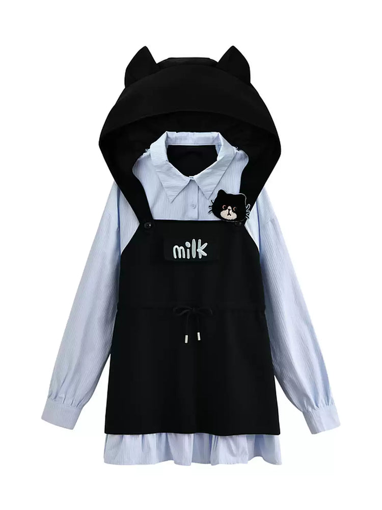 Milk Cat Hooded Shirt Dress-Dresses-ntbhshop
