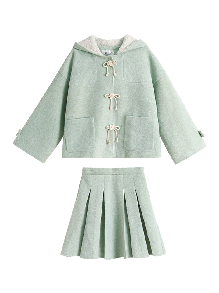 Mint Cloud Woolen Jacket & Pleated Skirt-ntbhshop