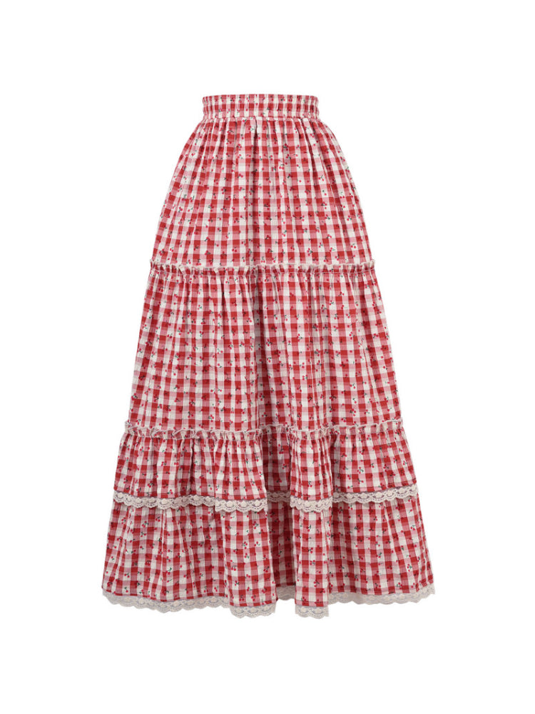 Cherry Picnic Gingham Maxi Skirt-Bottoms-ntbhshop