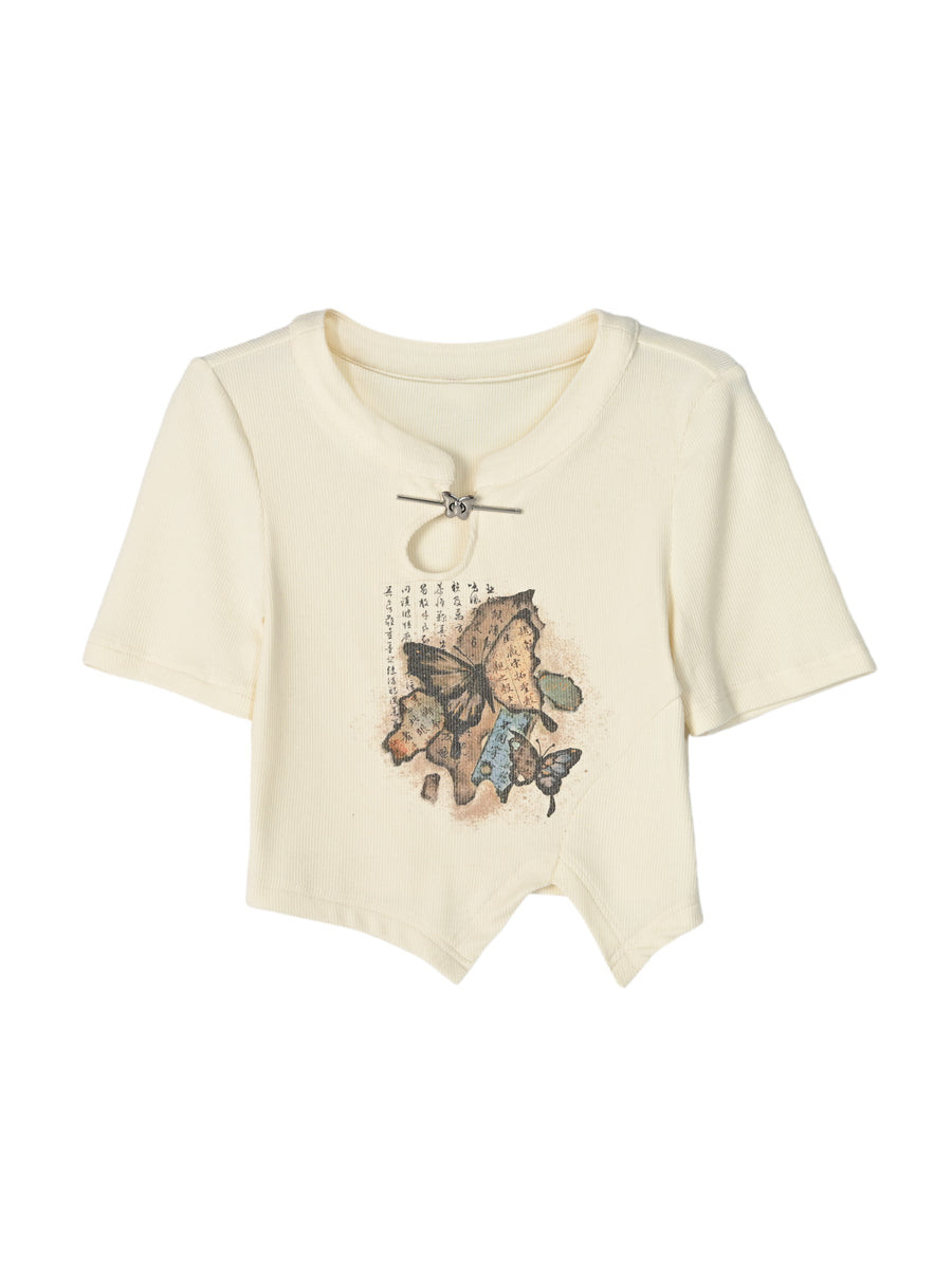 The Pile of Brocade Ash Chinese Butterfly Crop Tops-ntbhshop