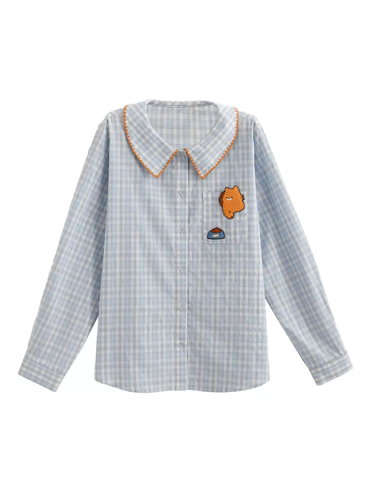 Cat Snack Plaid Collar Shirt-Tops-ntbhshop