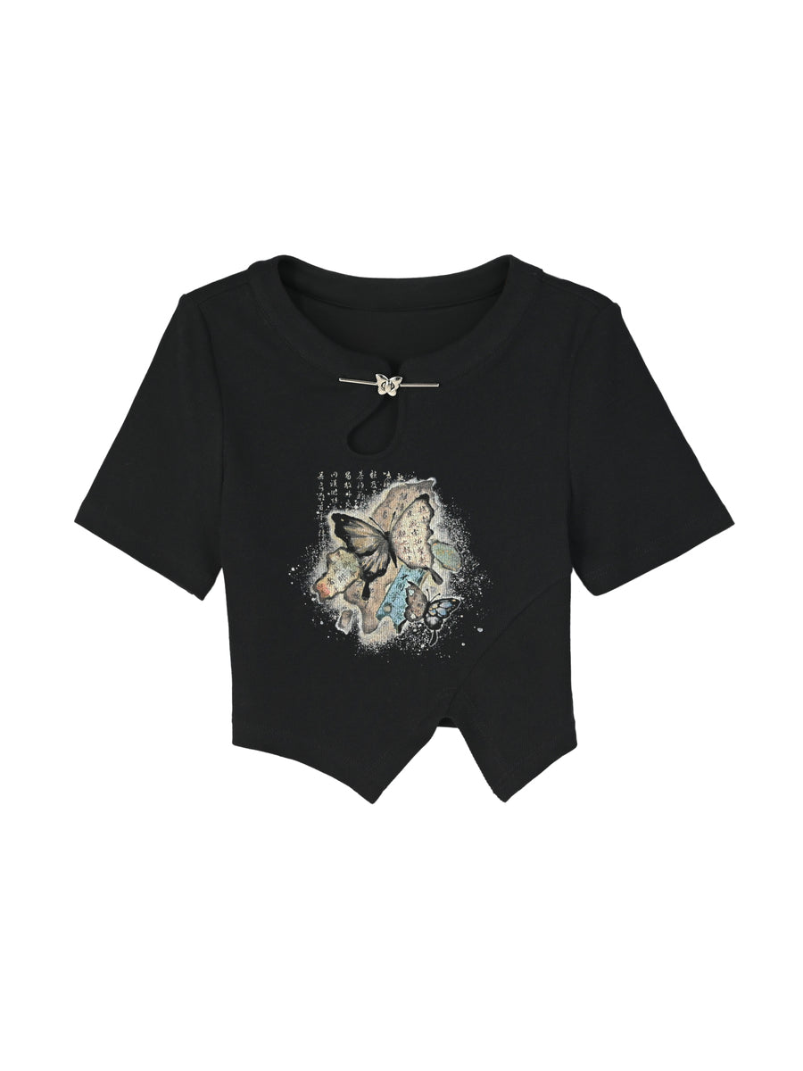 The Pile of Brocade Ash Chinese Butterfly Crop Tops-ntbhshop