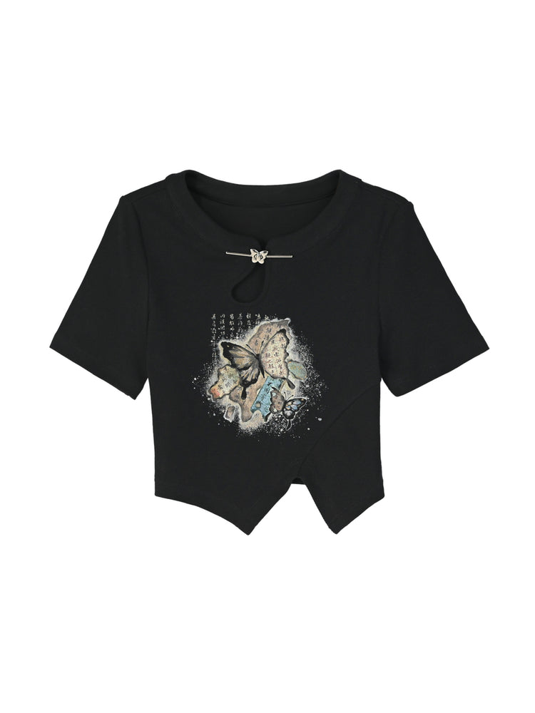 The Pile of Brocade Ash Chinese Butterfly Crop Tops-ntbhshop