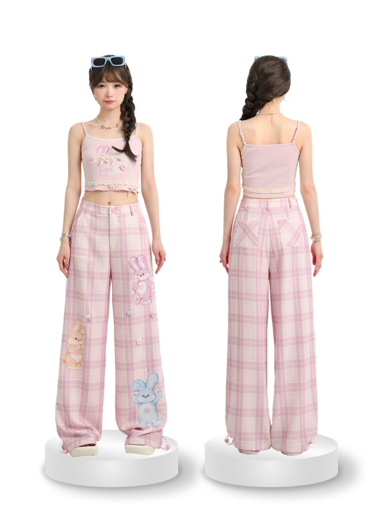 Lovely Bunny Sweet Pink Plaid Wide Leg Straight Pants-ntbhshop