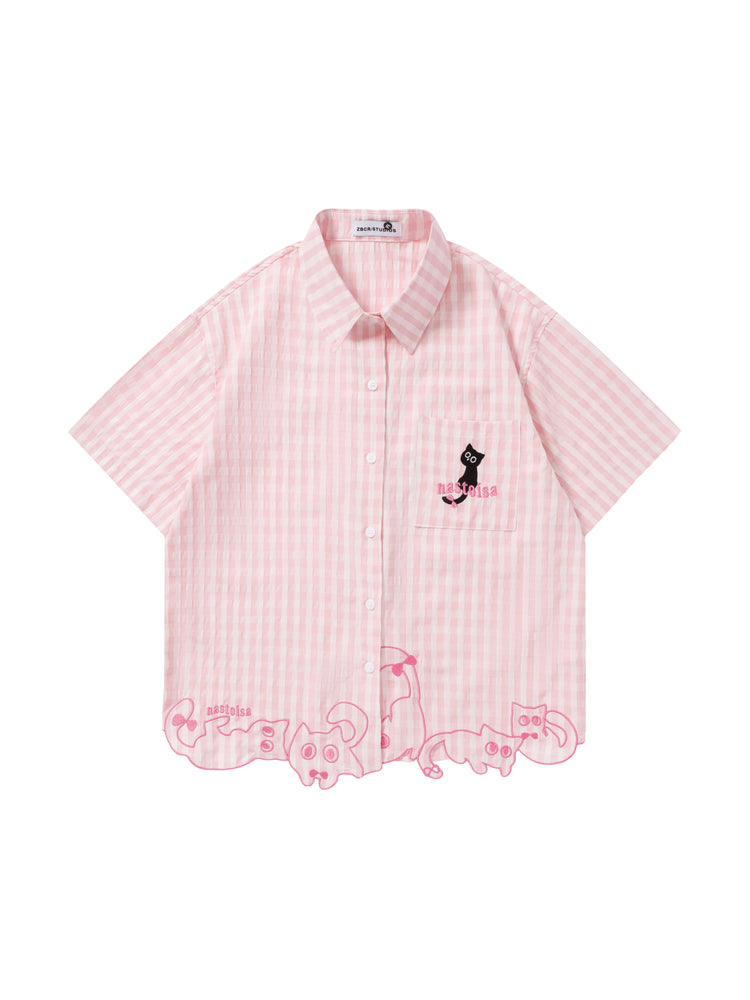 Whimsy Kitty Gingham Shirts-Tops-ntbhshop