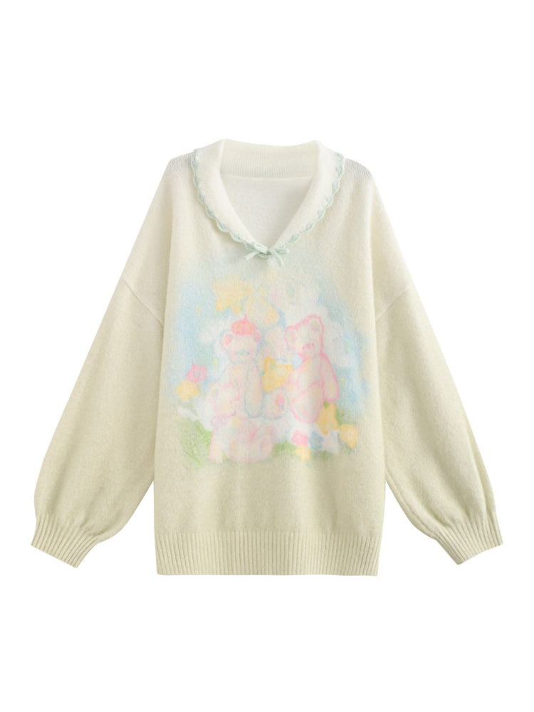 Garden Bear Knit Pullover Sweater-Tops-ntbhshop