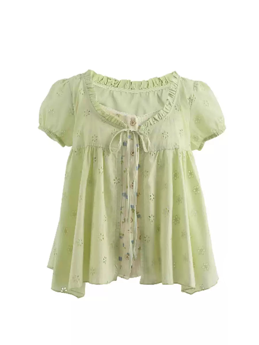 Floral Meadow Cotton Spliced Blouses-Tops-ntbhshop