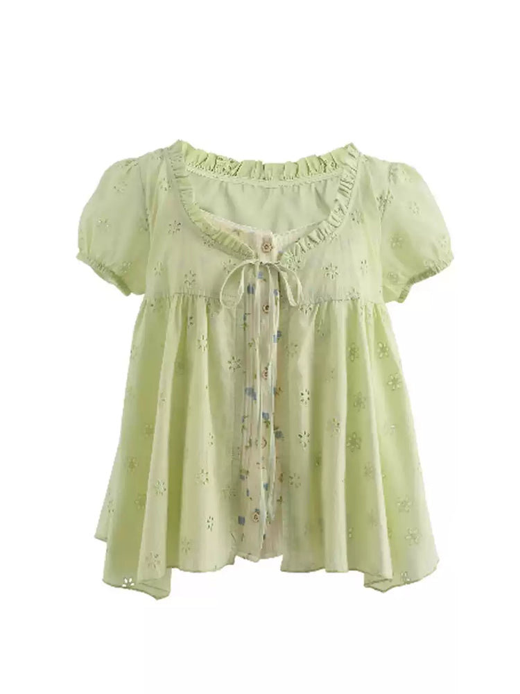 Floral Meadow Cotton Spliced Blouses-Tops-ntbhshop