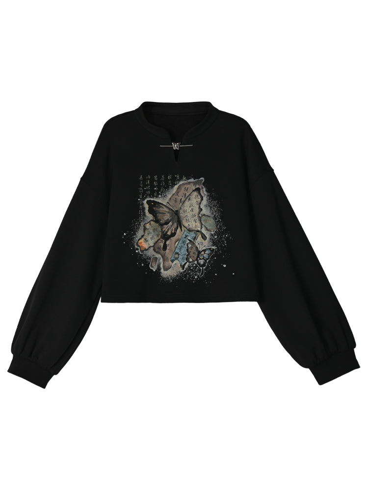 The Pile of Brocade Ash Chinese Butterfly Crop Sweatshirts-ntbhshop