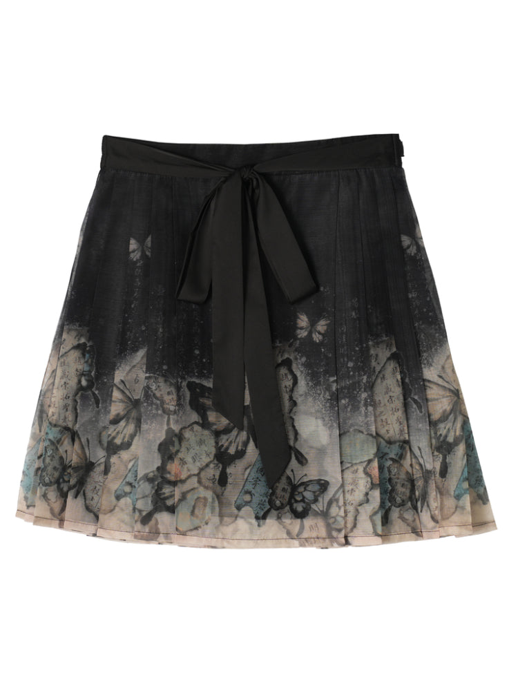 The Pile of Brocade Ash Chinese Butterfly Pleated Skirts-ntbhshop