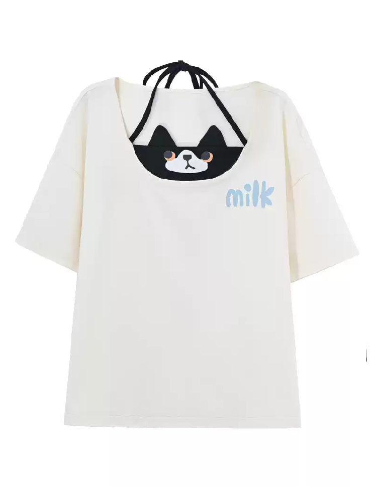Milk Cat Layered Tee & Bubble Skirt-Sets-ntbhshop