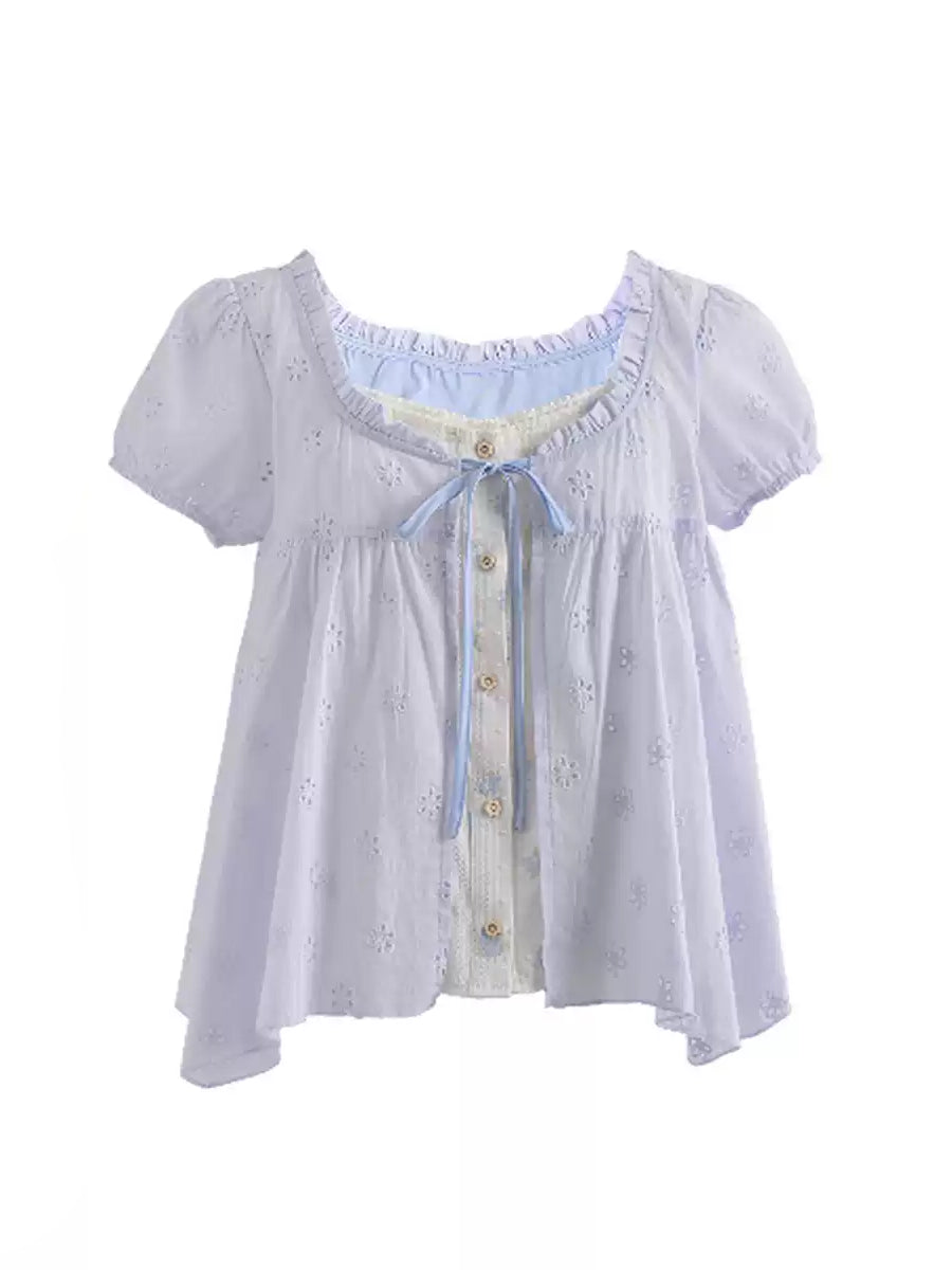 Floral Meadow Cotton Spliced Blouses-Tops-ntbhshop