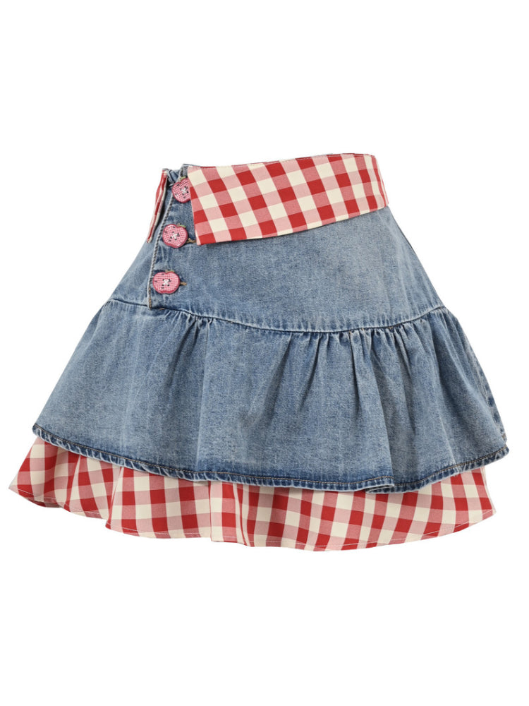 Picnic Gingham Denim Skirt-Bottoms-ntbhshop