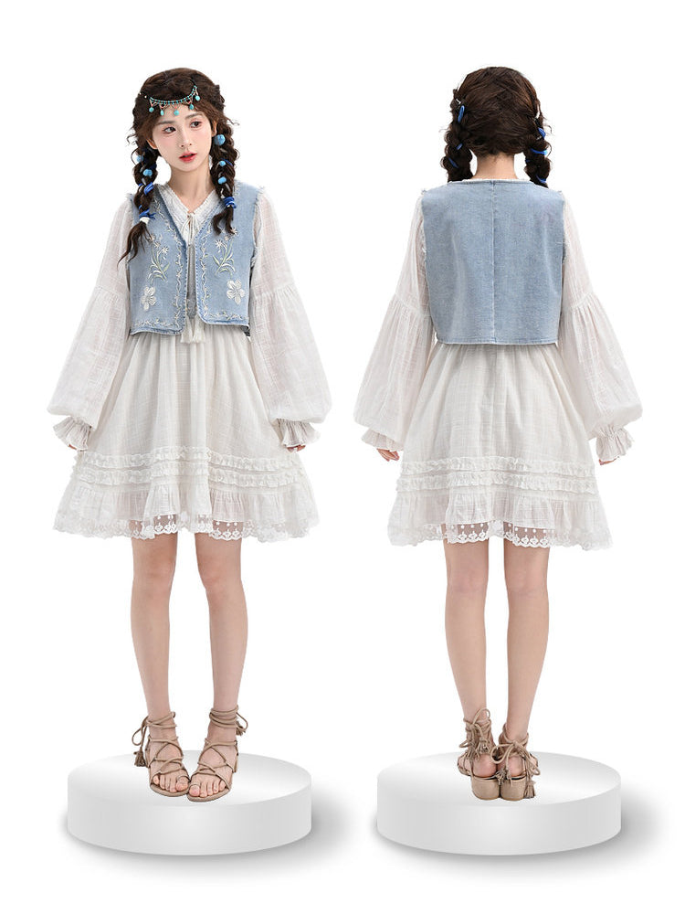 Willow Meadow Denim Vest & Cotton Dresses-Sets-ntbhshop
