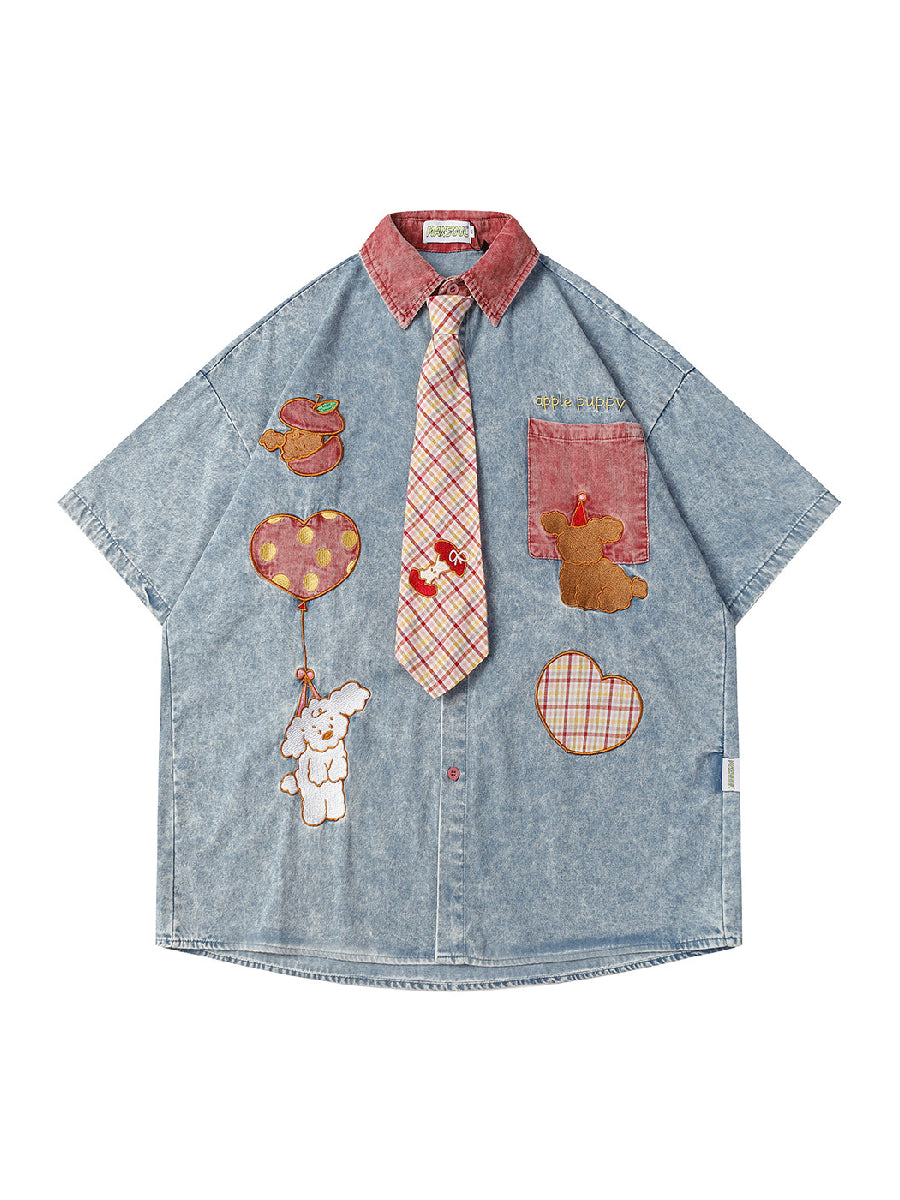 Apple Patchwork Denim Tie Shirts-Tops-ntbhshop