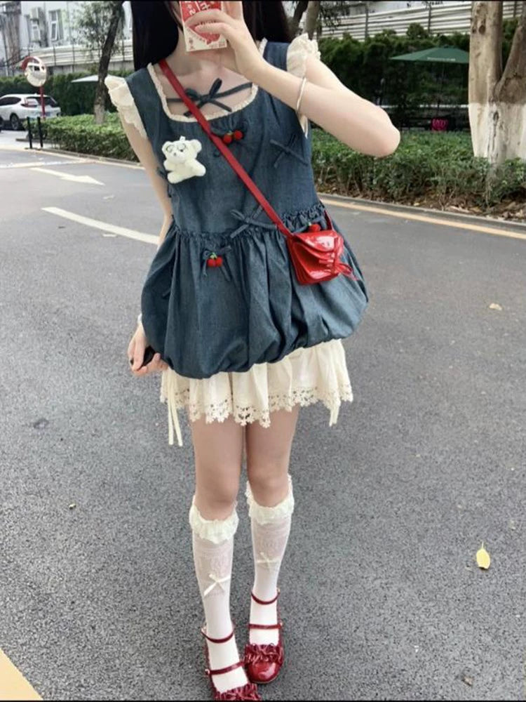 Cherry Pop Princess Denim Blouse & Snowlace Skirt Set-ntbhshop