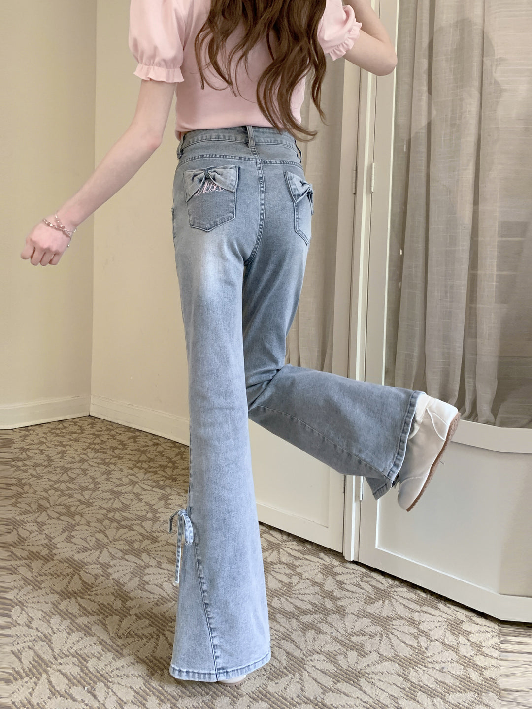 Bow Pocket Flare Jeans-Bottoms-ntbhshop