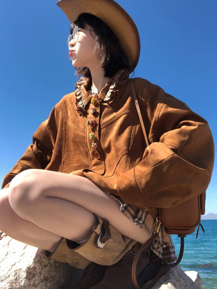 Maillard Coffee Vintage Button Suede Jackets-ntbhshop