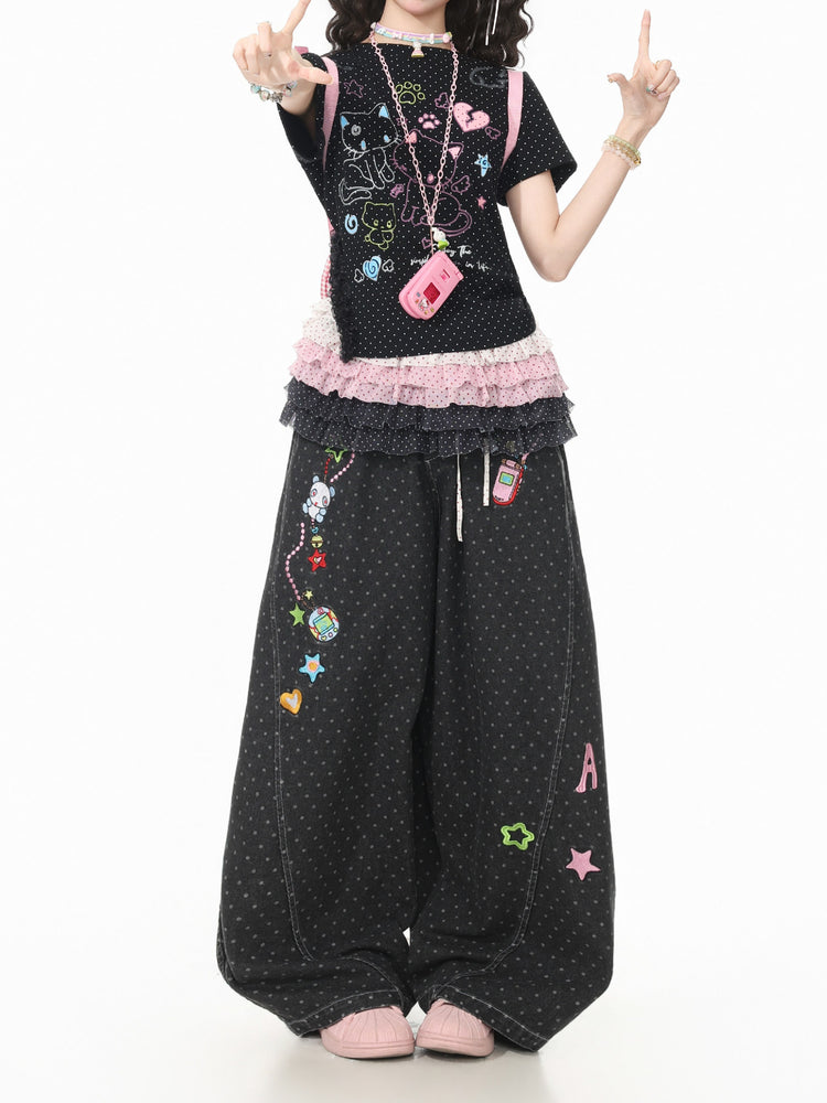 Lovebug Doodle Wide Leg Jeans-Bottoms-ntbhshop
