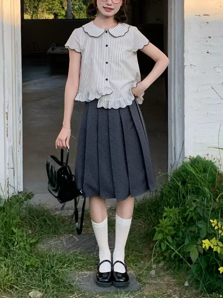 Vintage Prep Doll Collar Blouse & Skirt-Sets-ntbhshop