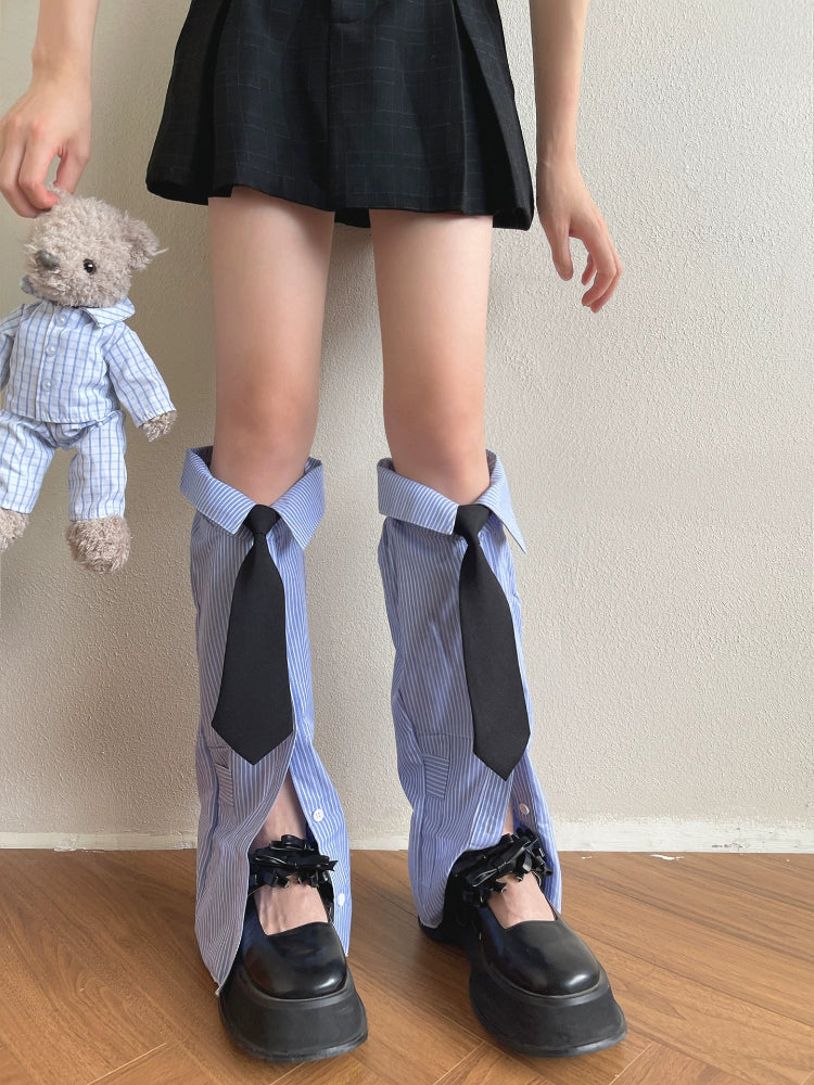 Striped Tie Collar Button Up Leg Sleeves-ntbhshop