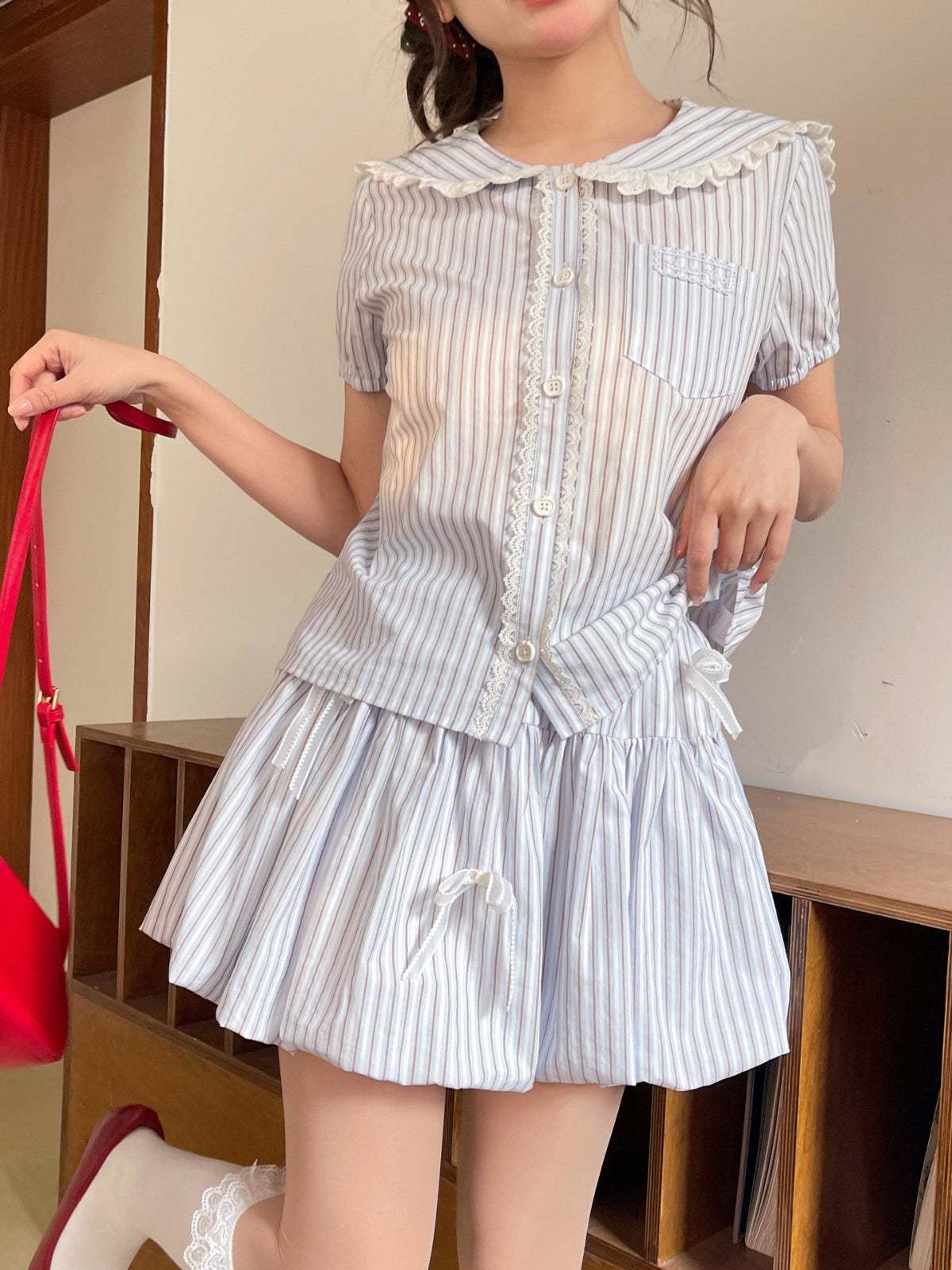 Breeze Stripe Blouse & Bubble Skirt-Sets-ntbhshop