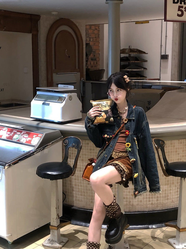 Crochet Bloom Button Denim Jackets-ntbhshop