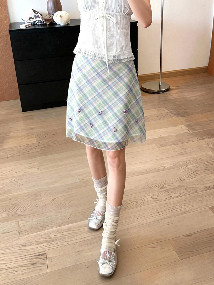 Mint Clover Plaid Skirt-Bottoms-ntbhshop