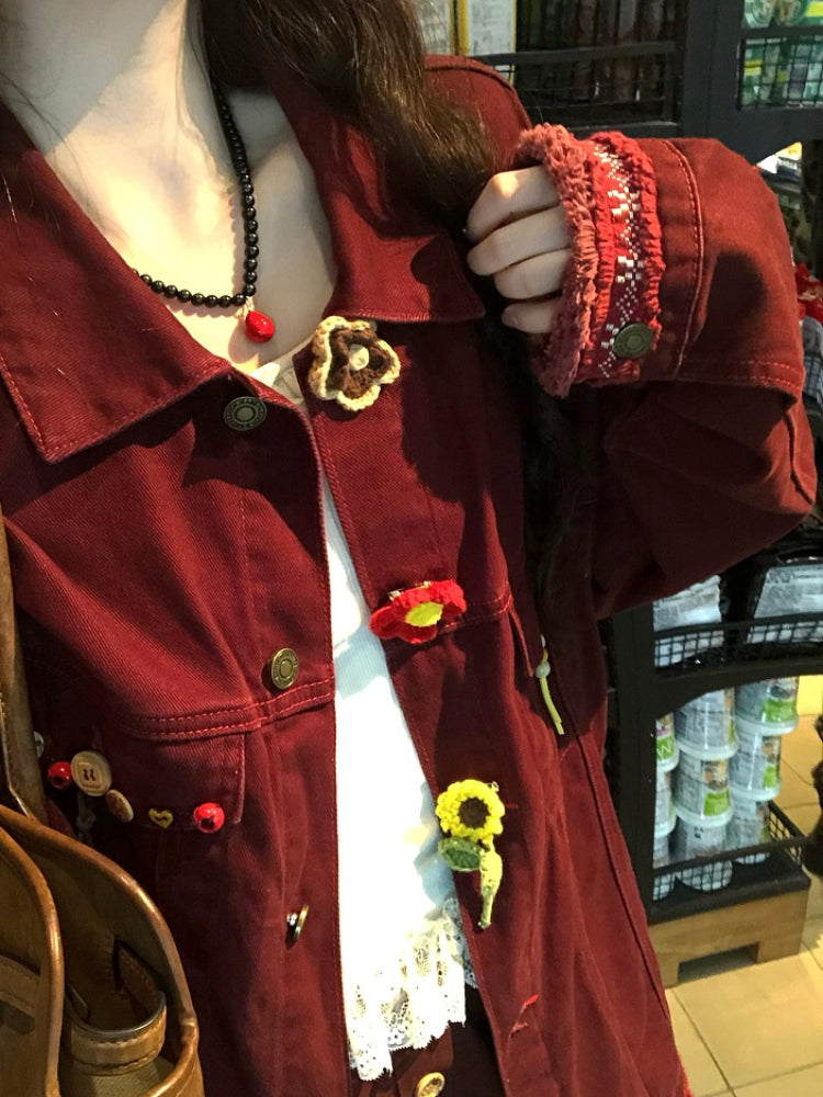 Crochet Bloom Button Denim Jackets-ntbhshop