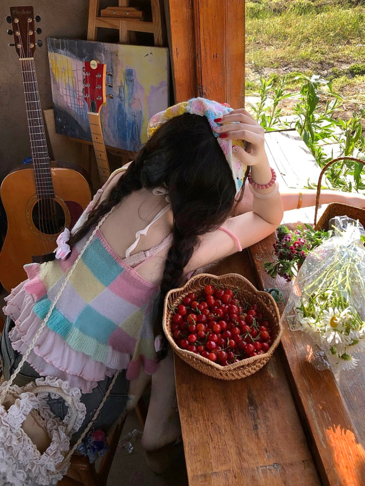 Candy Patch Checkered Flower Knit Vests-ntbhshop