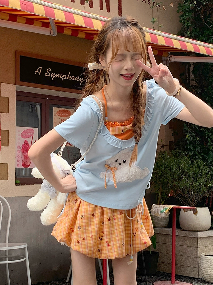 Pumpkin Pop Contrast Halter Tee & Plaid Bubble Skirt-ntbhshop