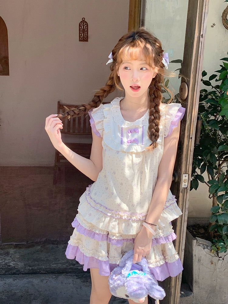 Lavender Bloom Fairy Sleeve Blouse & Layer Cake Skirt-ntbhshop