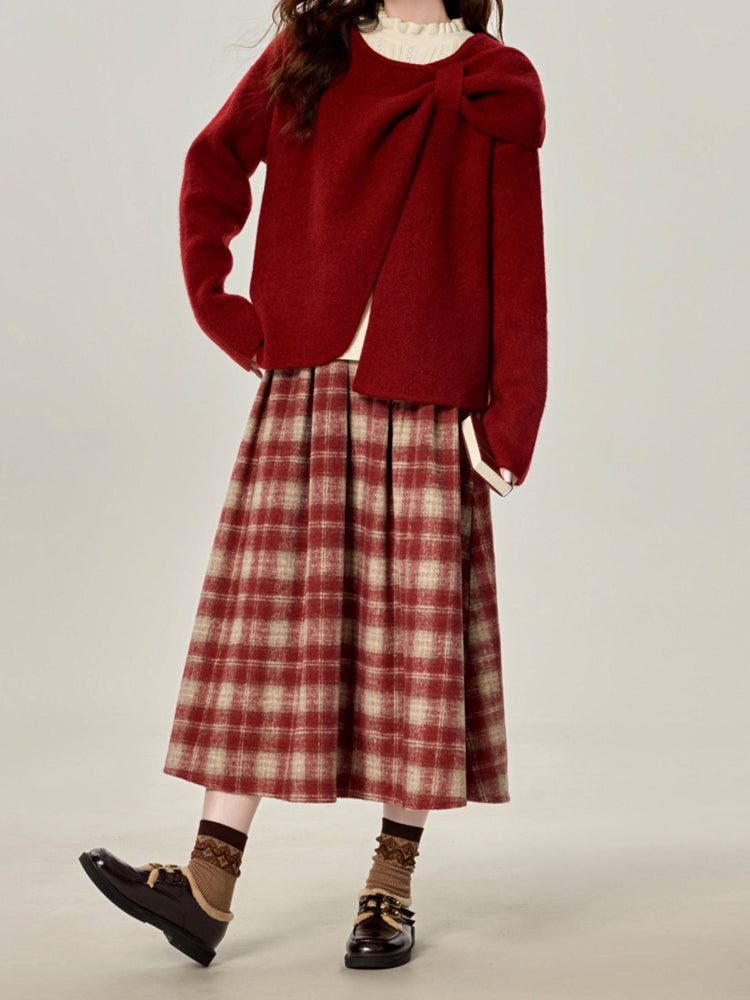 Crimson Archive Knit Cardigan, Tops & Midi Skirt-Sets-ntbhshop