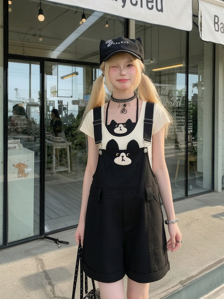 Milk Cat Overall Shorts-Bottoms-ntbhshop