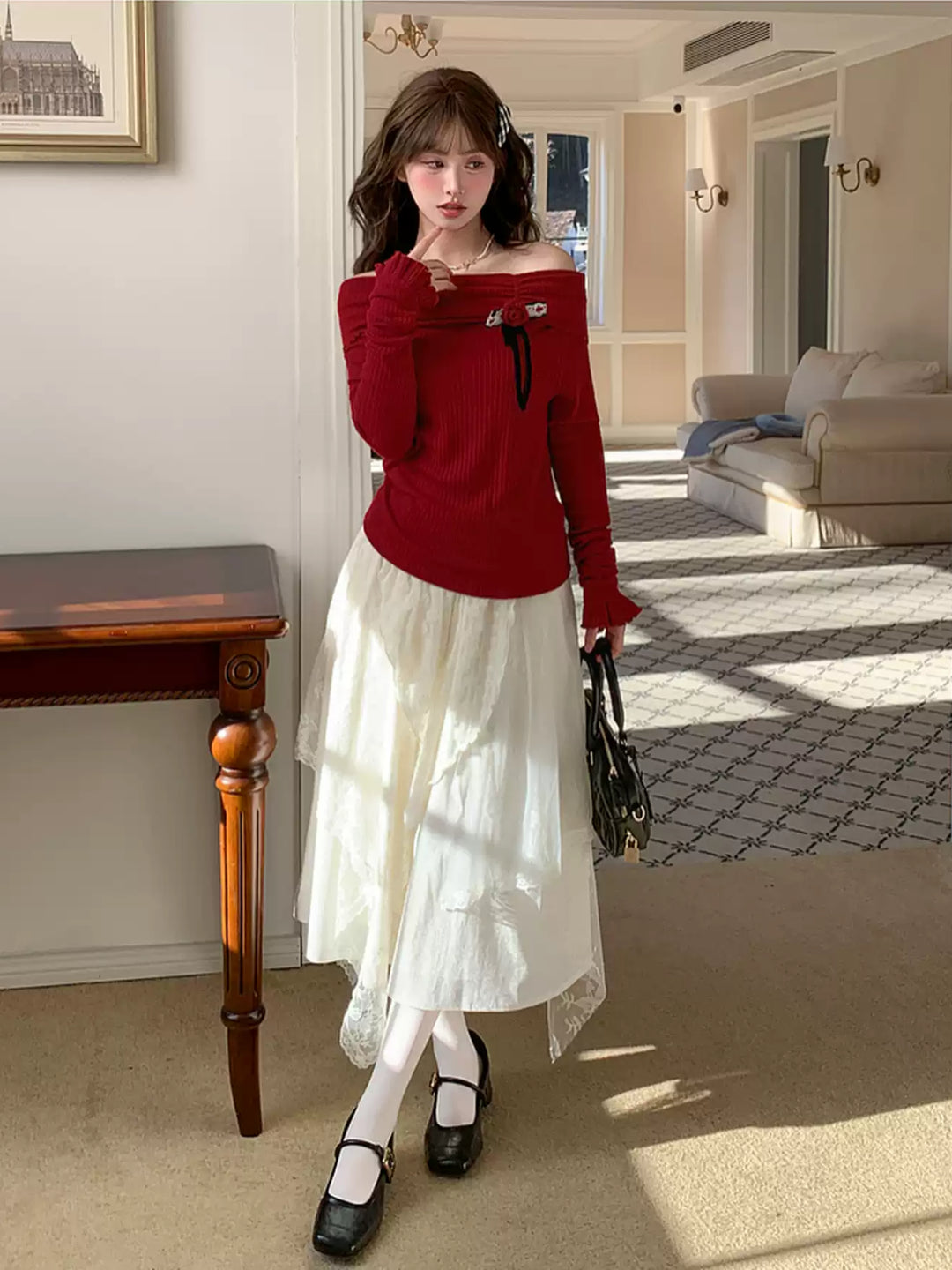 Snow Veil Lace Midi Skirt-Bottoms-ntbhshop