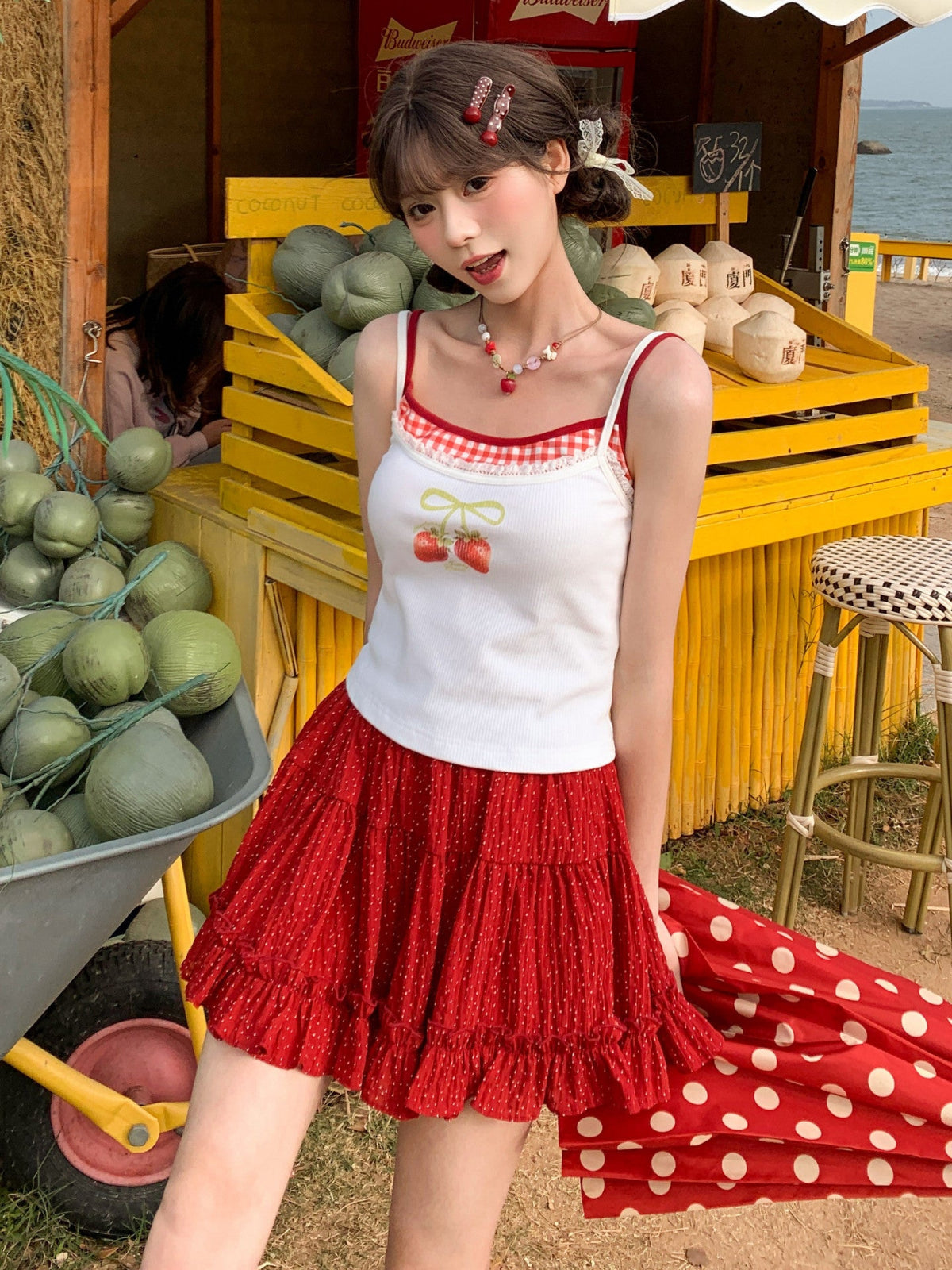 Strawberry Picnic Ribbon Camisole-Tops-ntbhshop