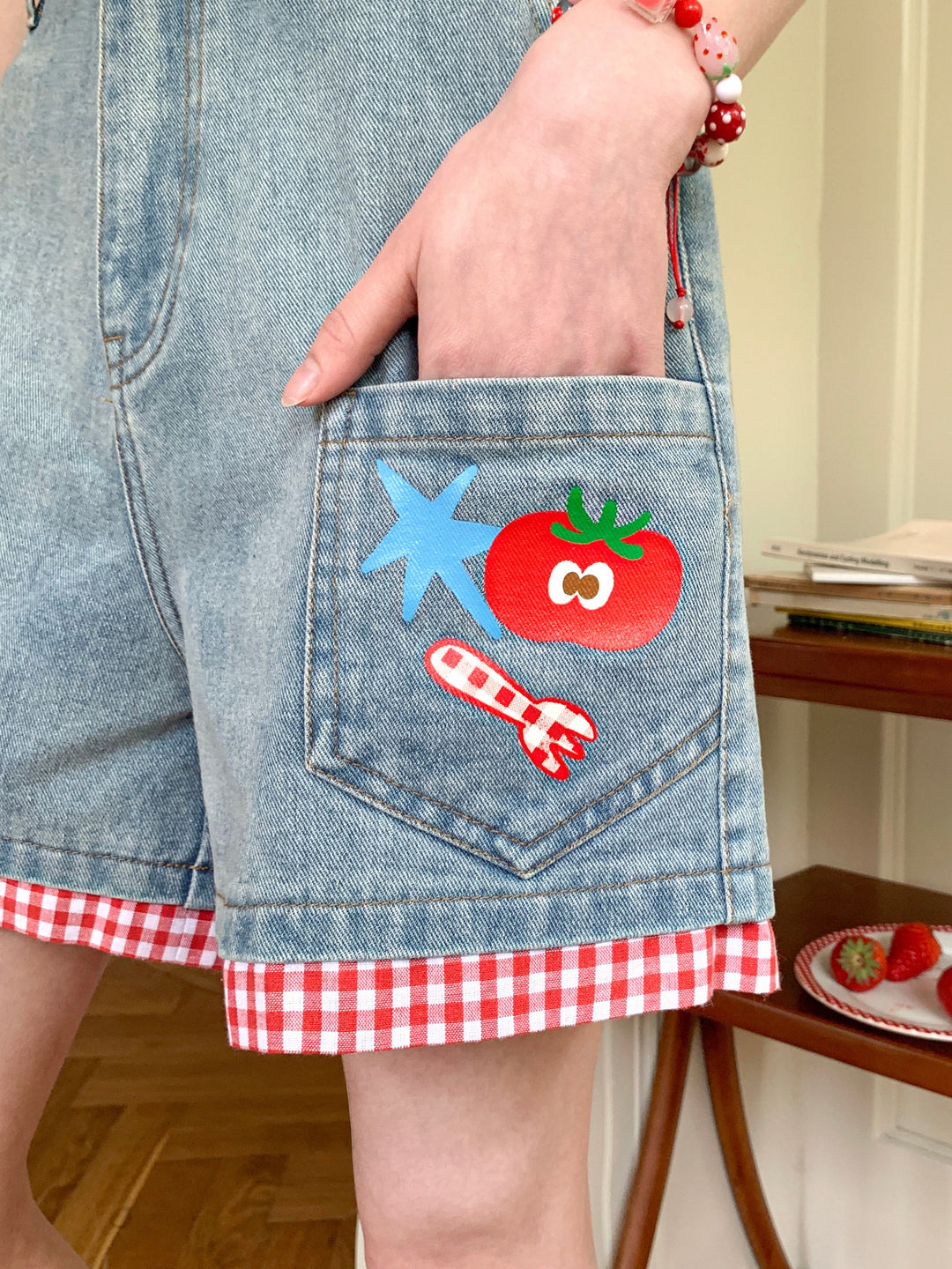 Tomato Picnic Denim Shorts-Bottoms-ntbhshop