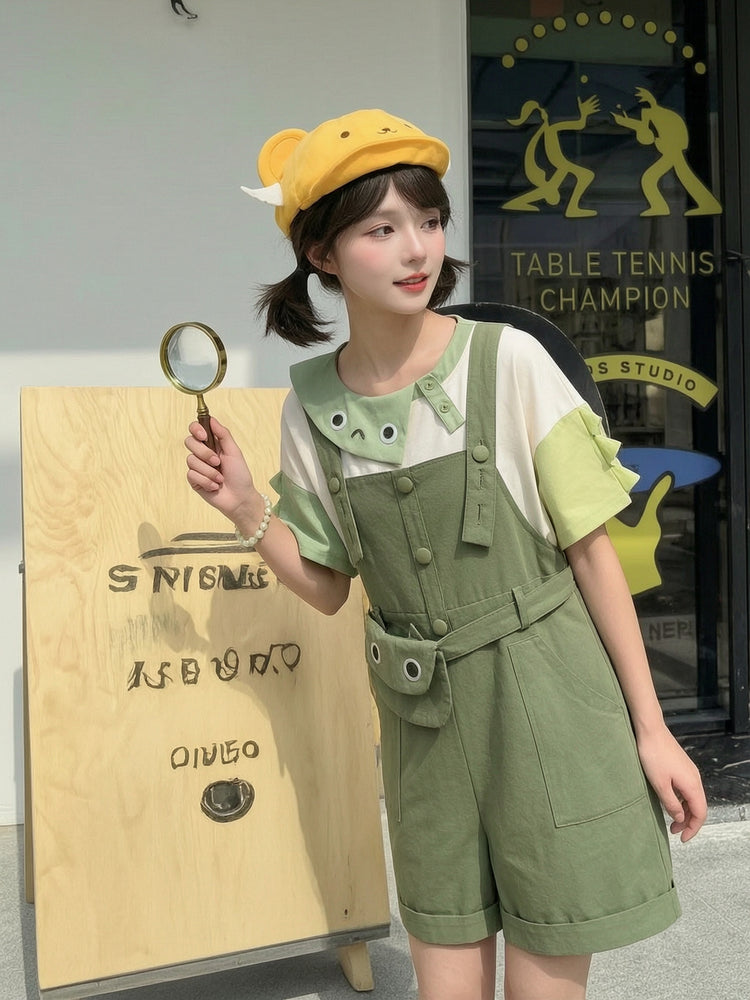 Green Monster Cotton Overall Shorts-Bottoms-ntbhshop