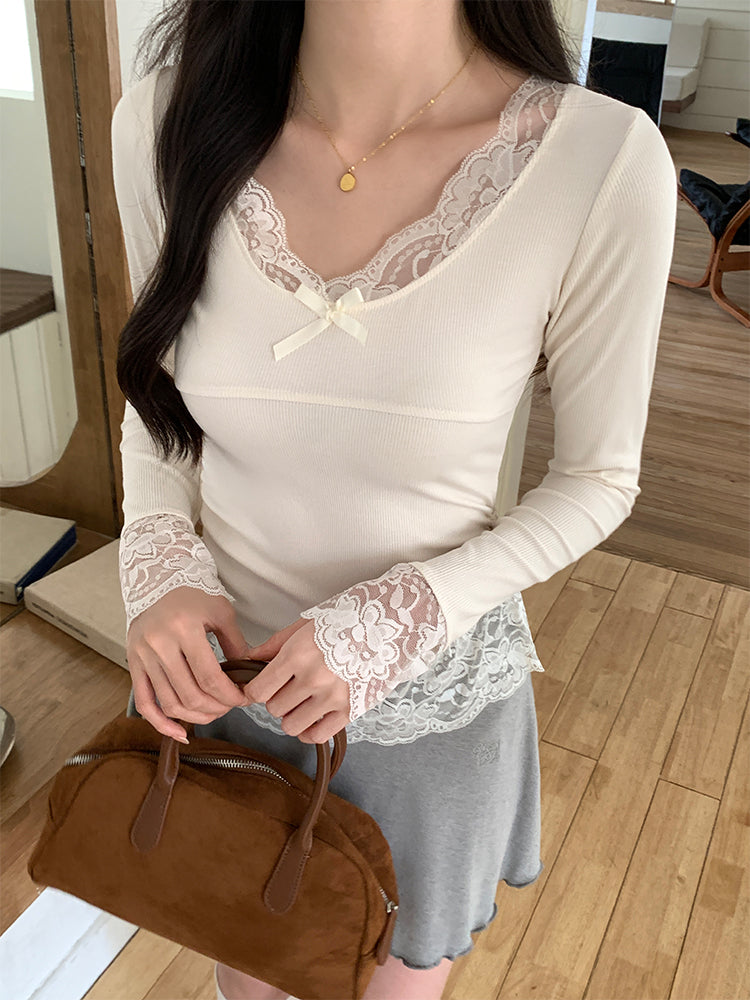 Lace Petal Lace Long Sleeve Tops-ntbhshop